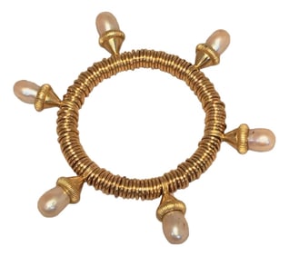 Vintage Kenneth Jay Lane Gold Wire Wrapped Pearl Drop Bangle Bracelet