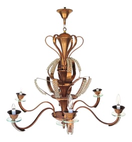 Hollywood Regency Style German Copper & Crystal Bead Six Light Chandelier