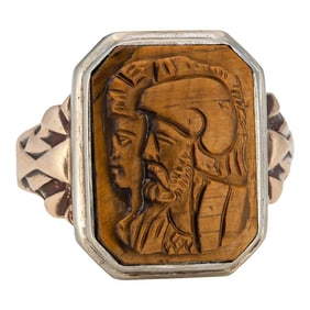 Early 20th Century Vintage Art Deco Centurion Tigers Eye Cameo Ring, Sz 8.75