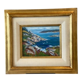 2000s California Shoreline Painting of Rocky Coast on Board