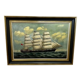 Large 19th Century Oil Painting Seascape Clipper Jute Ship Slieve Roe Off Calcutta Attributed Lai Fo