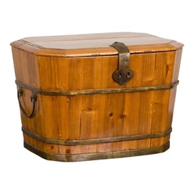 Early 20th Century Late Qing Dynasty Wood & Brass Lidded Box with Lateral Handles