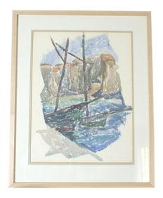 Two Boats at the Quay Vintage 1932 Watercolor Painting by J.B. Houser
