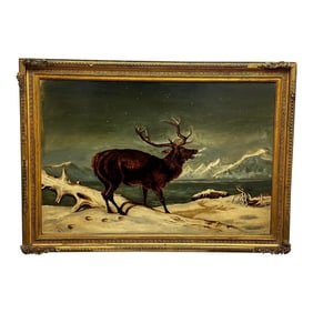 19th Century Oil Painting Winter Monarch of Glen Stag Deer Starlit Sky Highlands Loch Fyne