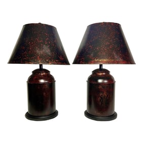 Vintage Chinoiserie Tole Tea Caddy Hand Painted Table Lamps - A Pair