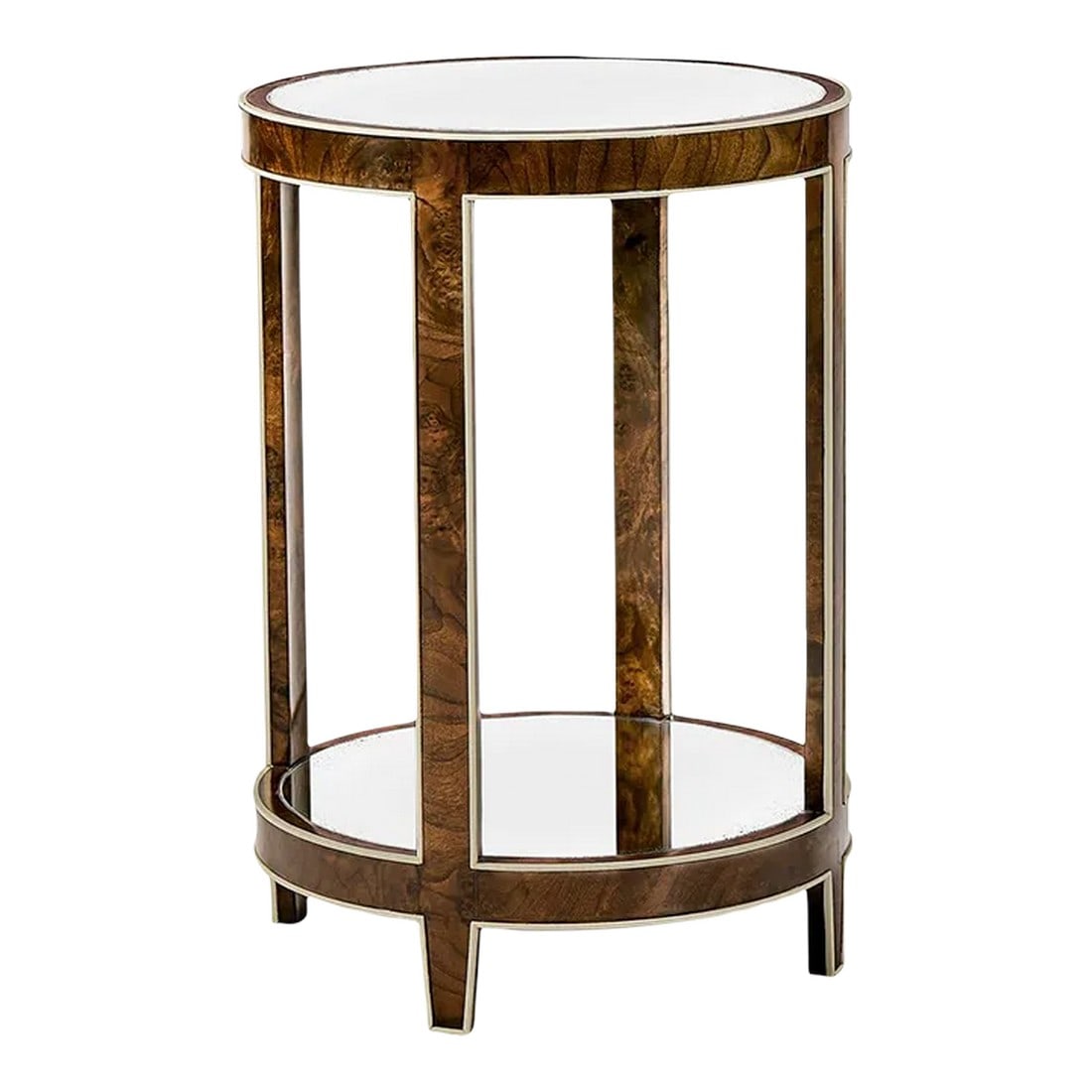 Modern Round Side Table: The medium brown mahogany finish highlights the wood's grain, creating a piece that resonates with classic sophistication. The antiqued mirrored top and shelf infuse a sense of vintage glamour and fea