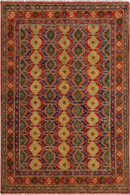 1990s Tribal 1990s Southwestern Orange/Blue Wool Rug - 5'8 X 8'0
