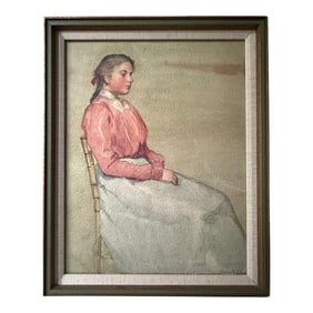 Antique Watercolor Painting, Portrait of Sitting Woman by Annie S. Johnson, Framed
