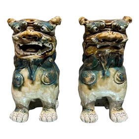 1940s Chinese Pair Foo Dog Figurines Glazed Sculpture