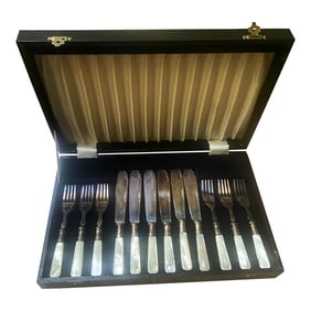 Antique Sheffield England Boxed Fish/Dessert Forks & Knives with Mop Handles- 12 Pieces