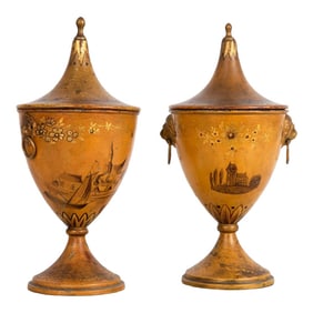 Fine 19th Century Near-Pair of Regency Tole-Painted Chestnut Urns