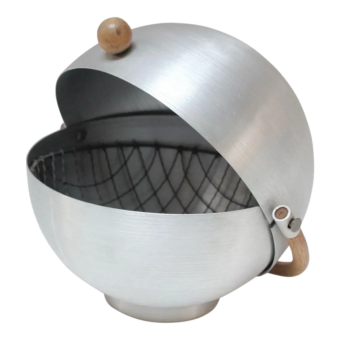 Vintage Russel Wright Spun Aluminum, Bamboo and Birch Bun Warmer: Bun Warmer in spun aluminum with birch knob and bamboo handle by Russel Wright (ca. 1935, USA). Though fashioned as a bun warmer, can also be used as a catch-all storage for small objects or ice bucke