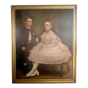 Mid 1800s Oversized Portrait Painting of Nantucket Sea Captain's Jared Coffin's Children, Framed