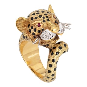 Vintage 18k Yellow Gold Diamond Ruby Eyes Black Enamel Leopard Ring Size 5.75