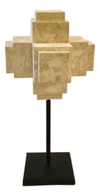 Large Modern Beige Marble Cube Sculpture on a Metal Stand