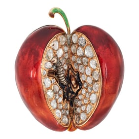 Vintage 7ct Diamond Apple Worm 14k Yellow Gold Red Enamel Pendant