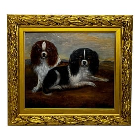 Charming 19th Century Oil Painting Portrait of King Charles Spaniel Dogs, Framed