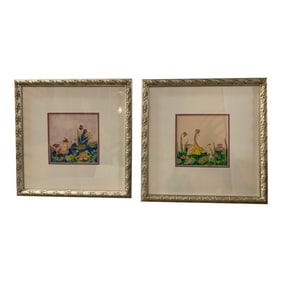 1970s Garden Fairy Watercolor Paintings, Framed - Set of 2
