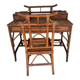 1980s British Colonial Tortoise Shell Faux Bamboo Campaign Style Writing Desk and Pagoda Style Cane