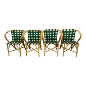 1950s Mid Century Ficks Reed Bamboo Chairs With Green Straps- Set of 4