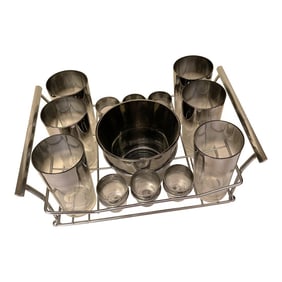 Mid 20th Century Dorothy Thorpe Silver Fade Bar Cocktail Set with Chrome Holder & Ice Bucket- 14 Pie