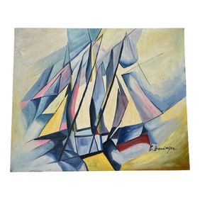 Vintage Nautical Abstract Canvas Art Signed by Artist
