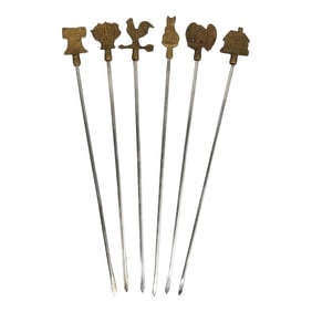 Vintage Mid Century Americana-Themed Brass & Stainless Steel Skewers- Made in India- Set of 6