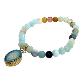 Multi Color Frosted Matte Amazonite Elastic Bracelet With Druzy Dangle