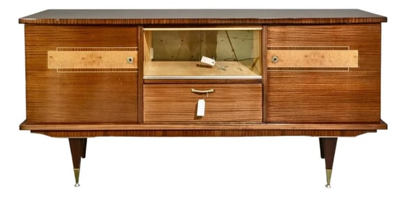 Mid-Century Modern Italian Sideboard in Mahogany With Maple Burl Inlay and Glass Display