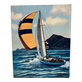 1976 Hazel DeVorss Oil on Canvas Painting Sailboat Regatta Art