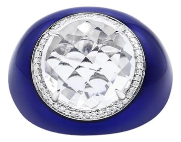 18K White Gold 14mm White Quartz and 1/5 Cttw Diamond Halo with Blue Enamel Dome Ring (F-G Color, VS