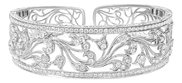 18K White Gold 3 1/4 Cttw Pave Diamond Openwork Floral Filigree Swirl Bangle Cuff Bracelet (H-I Colo