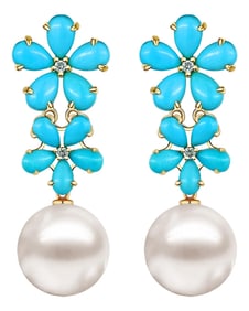 Nina Zhou Turquoise Diamond Double Blossom Pearl Convertible Drop Earrings in 14k Yellow Gold - a Pa
