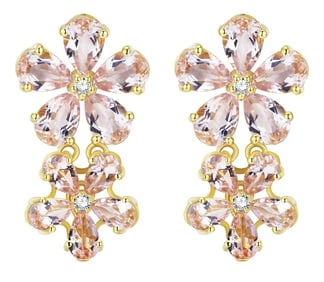 Nina Zhou Morganite Diamond Double Blossom Drop Earrings in 14k Gold - a Pair