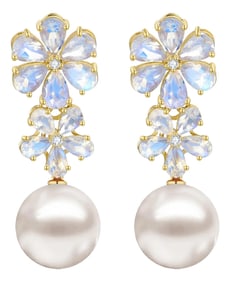 Nina Zhou Moonstone Diamond Double Blossom Baroque Pearl Convertible Earrings in 14k Yellow Gold - a