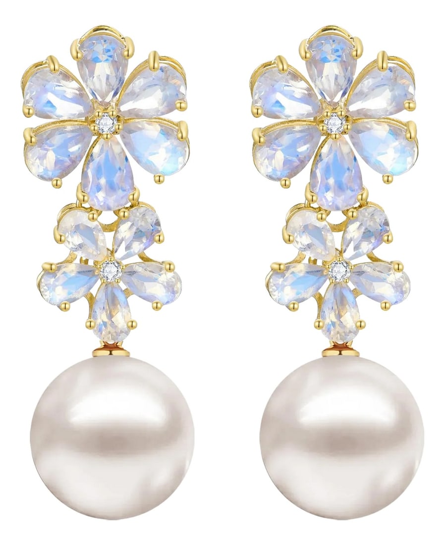Nina Zhou Moonstone Diamond Double Blossom Baroque Pearl Convertible Earrings in 14k Yellow Gold - a: 14K Solid Gold 20 Pieces Natural Moonstone｜Blue｜Pear｜Eye Clean Moonstone CTW: 5.60 4 Pieces Natural Diamond Grade: G Color｜VS Clarity Diamond CTW: 0.12 Cultured Round Pearl