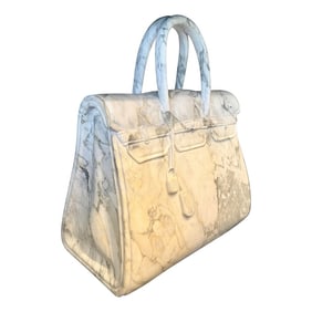 Marble Hermes Birkin Bag Sculpture in Carrara Marble