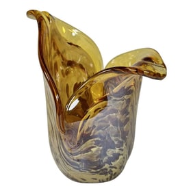 Vintage Italian Murano Hand Blown Glass Art Amber and White Tortoise Vase