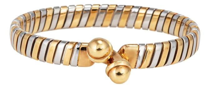 Vintage 1990s Bulgari Tubogas Bracelet 18k Gold Stainless Steel Double Orb Hook