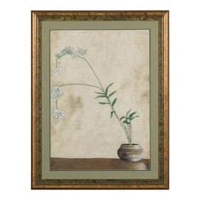 Midcentury Japanese Minimalist Botanical Print in Custom Gold Frame under Glass