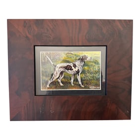 1920s Framed Artist Watercolor Portrait of a Pointer Bird Hunting Dog