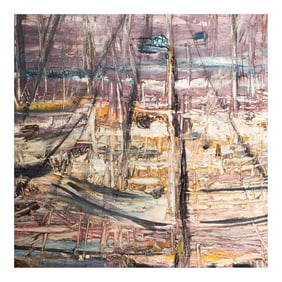 1970s Sgraffito Art Abstract Sail Boats Oil Canvas Modern