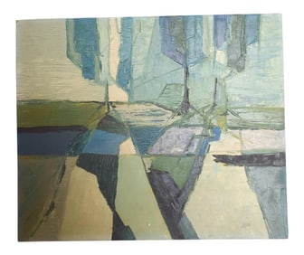 1970s Modern Blue Green Abstract Oil Painting California Art