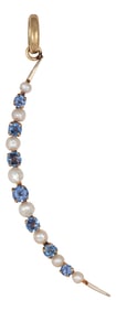 Late 19th Century Antique Victorian Crescent Moon Pendant Sapphire Pearl 14k Gold Celestial