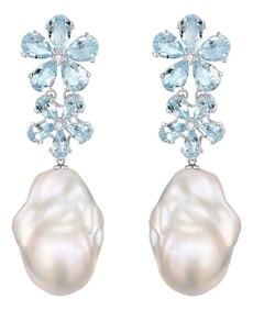 Nina Zhou Aquamarine Diamond Double Blossom Baroque Pearl Convertible Earrings in 14k White Gold - a