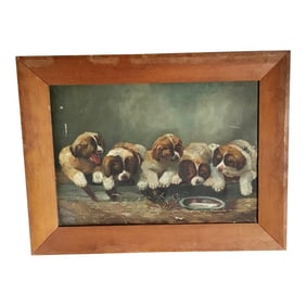 1940s Great Vintage Oil Painting of Saint Bernard Puppies
