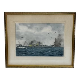 Nautical Painting of Naval Battle Sinking of Battleship Yamato April 1945 by Eric Tuffnell Framed