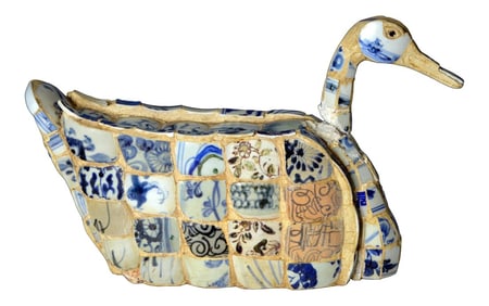 Vintage Chinese Faience Duck Sculpture with Blue Oriental Accents