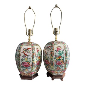 Pair of 1970s Handpainted Porcelain Chinese Famille Rose Ginger Jar Table Lamps