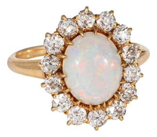 Late 19th Century Antique Victorian Opal Diamond Ring 18k Yellow Gold Gemstone Engagement Size 7